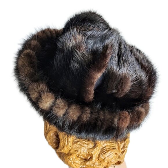 1960s True Vintage Dark Brown Genuine Mink Fur Rolled Brimmed Hat - Picture 5 of 6